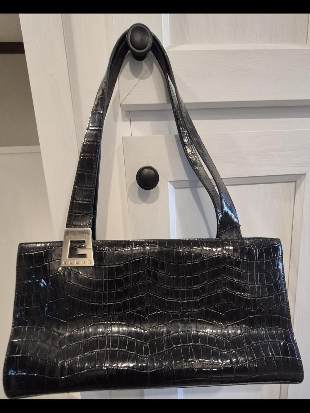 GUESS Black Croc-Embossed Shoulder Bag with G Charm